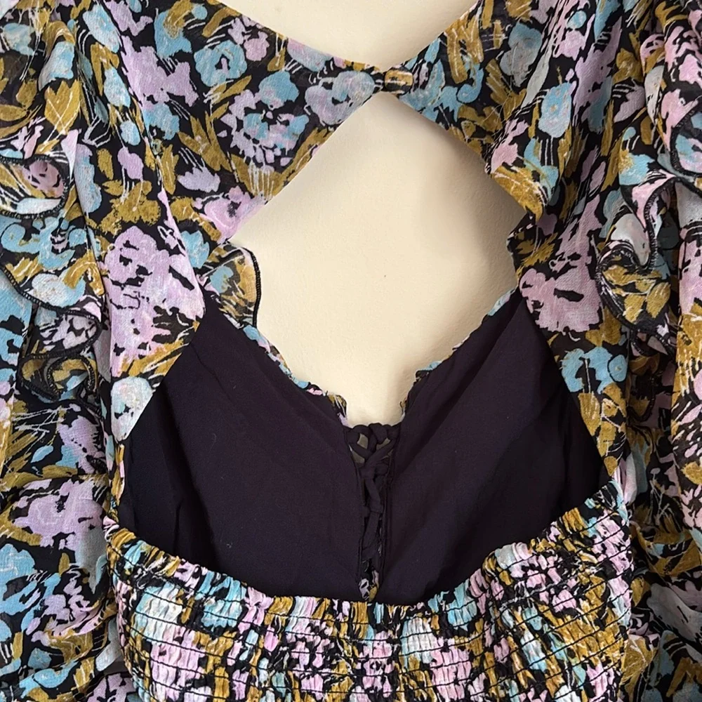 Free People Mabel Printed Ruffle Tie-Front Open-Back Floral Blouse Size Large